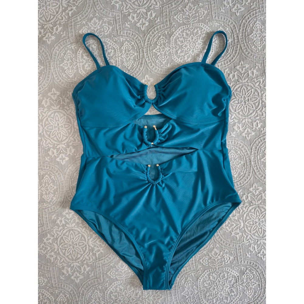 Eomenie Womens XL Teal Blue Cutout One Piece Swimsuit Gold Ring‎ Hardware New
